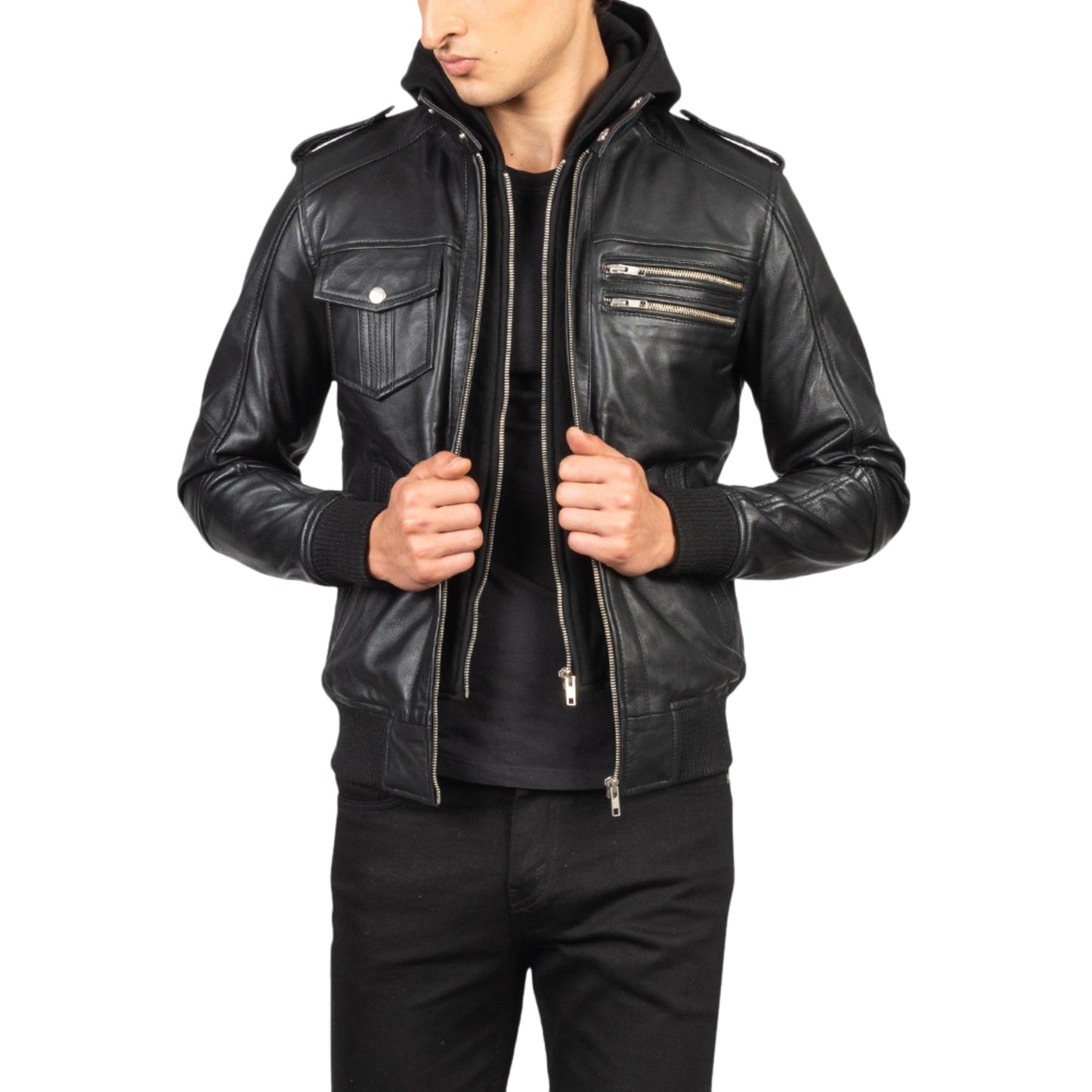 Men’s Black Hooded Leather Jacket – Stylish & Versatile Genuine Leather