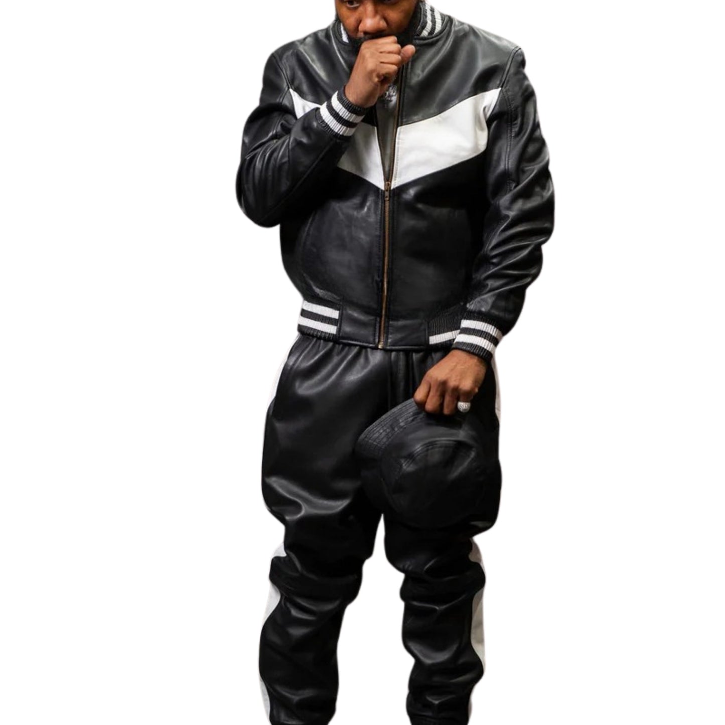 Black Leather Tracksuit with White Stripes – Sleek, Sporty & Street-Ready