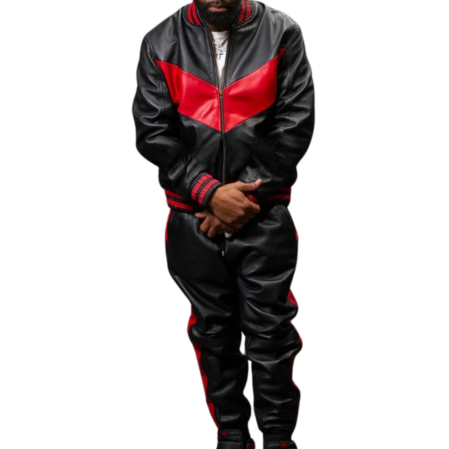 Black and Red Leather Tracksuit – Bold, Sleek & Street-Ready