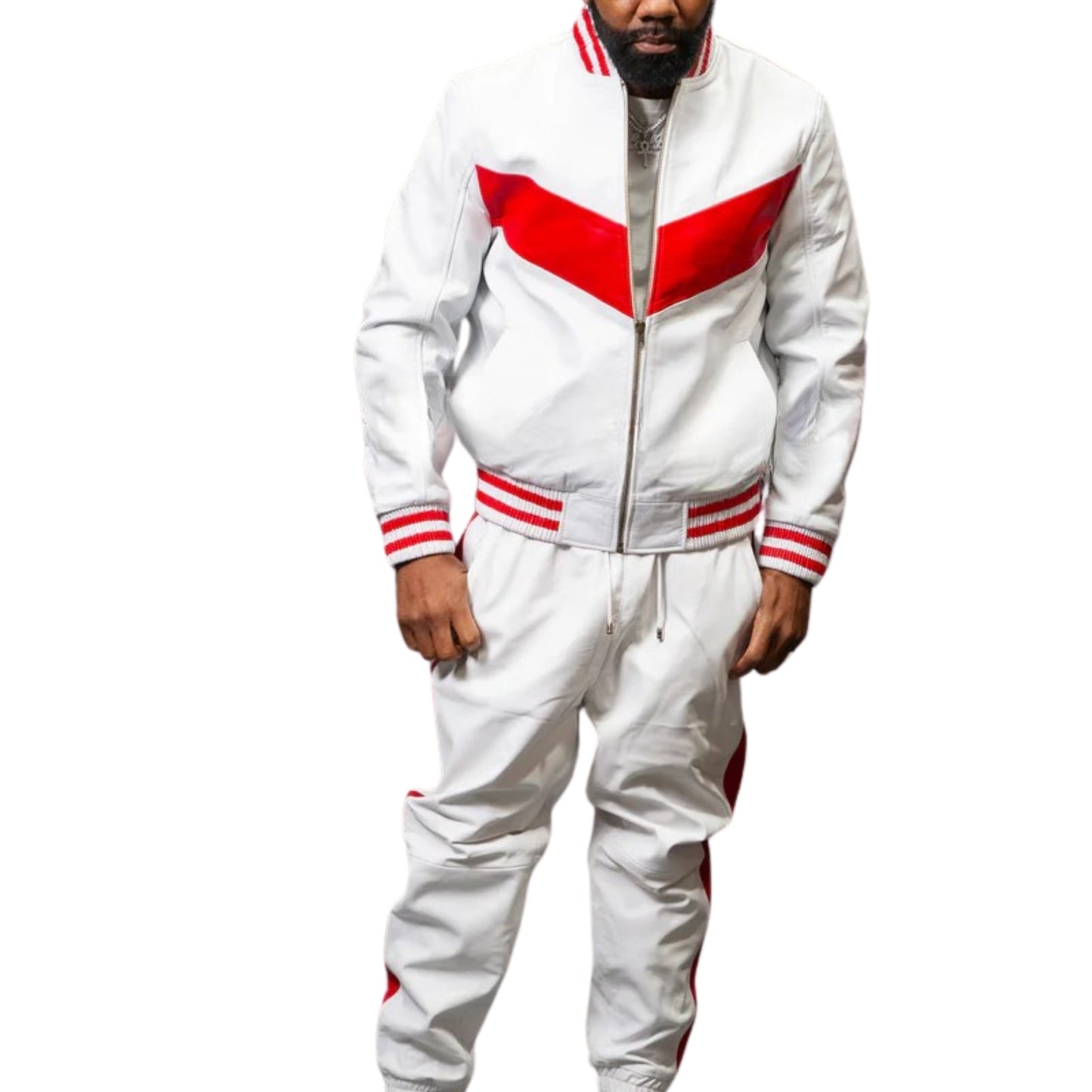 White & Red Leather Tracksuit – Bold, Sleek & Statement-Making