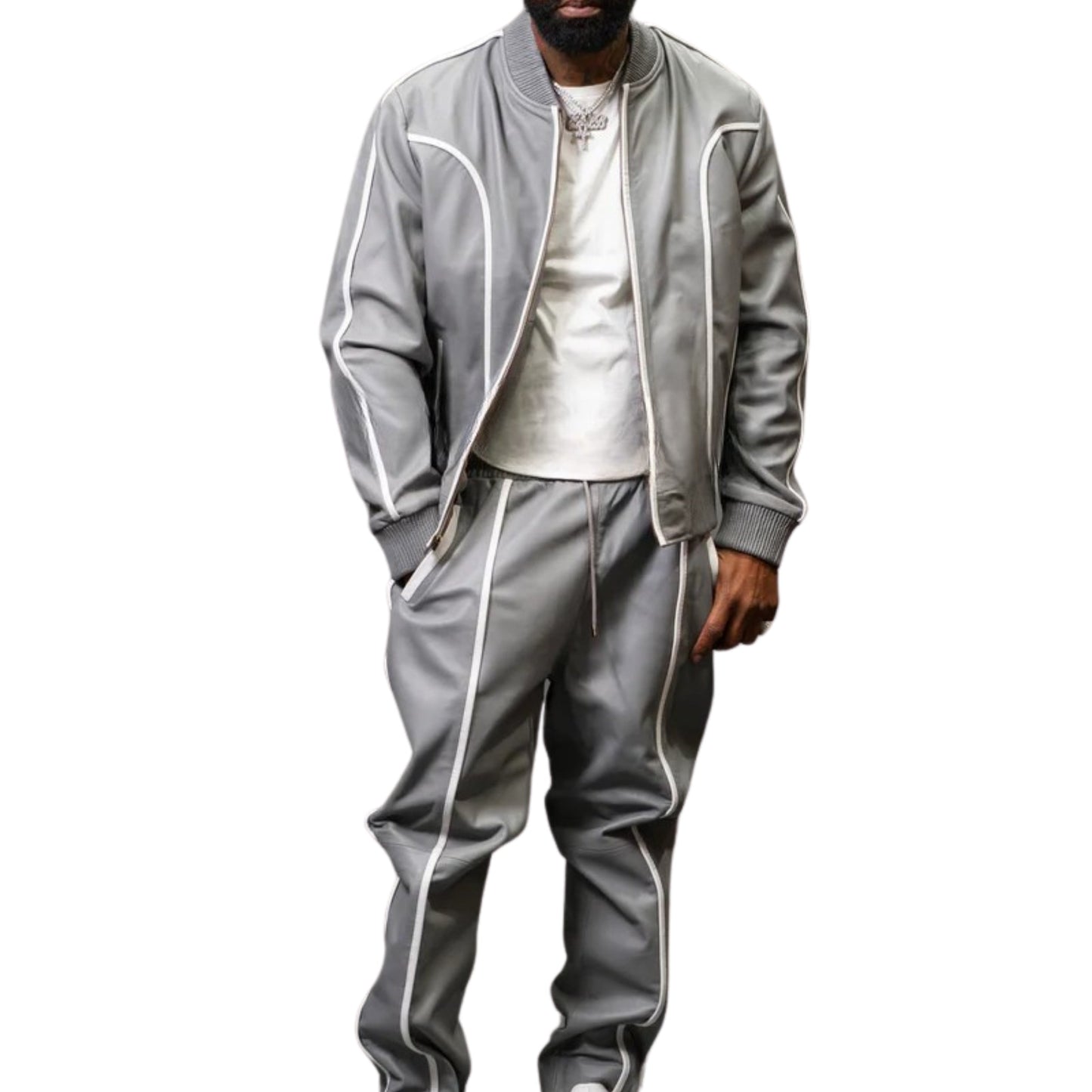Gray Leather Tracksuit – Sleek, Modern & Street-Ready
