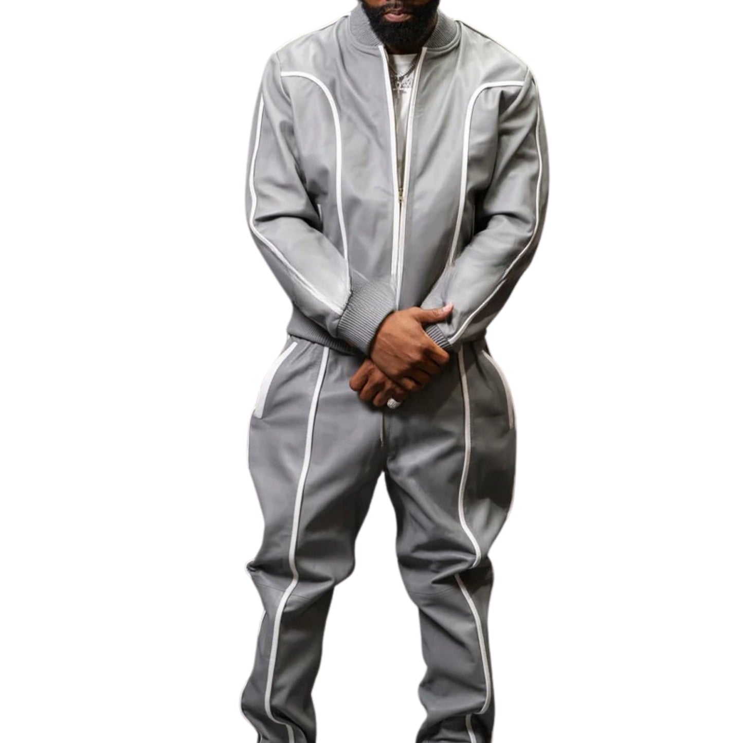 Gray Leather Tracksuit – Sleek, Modern & Street-Ready