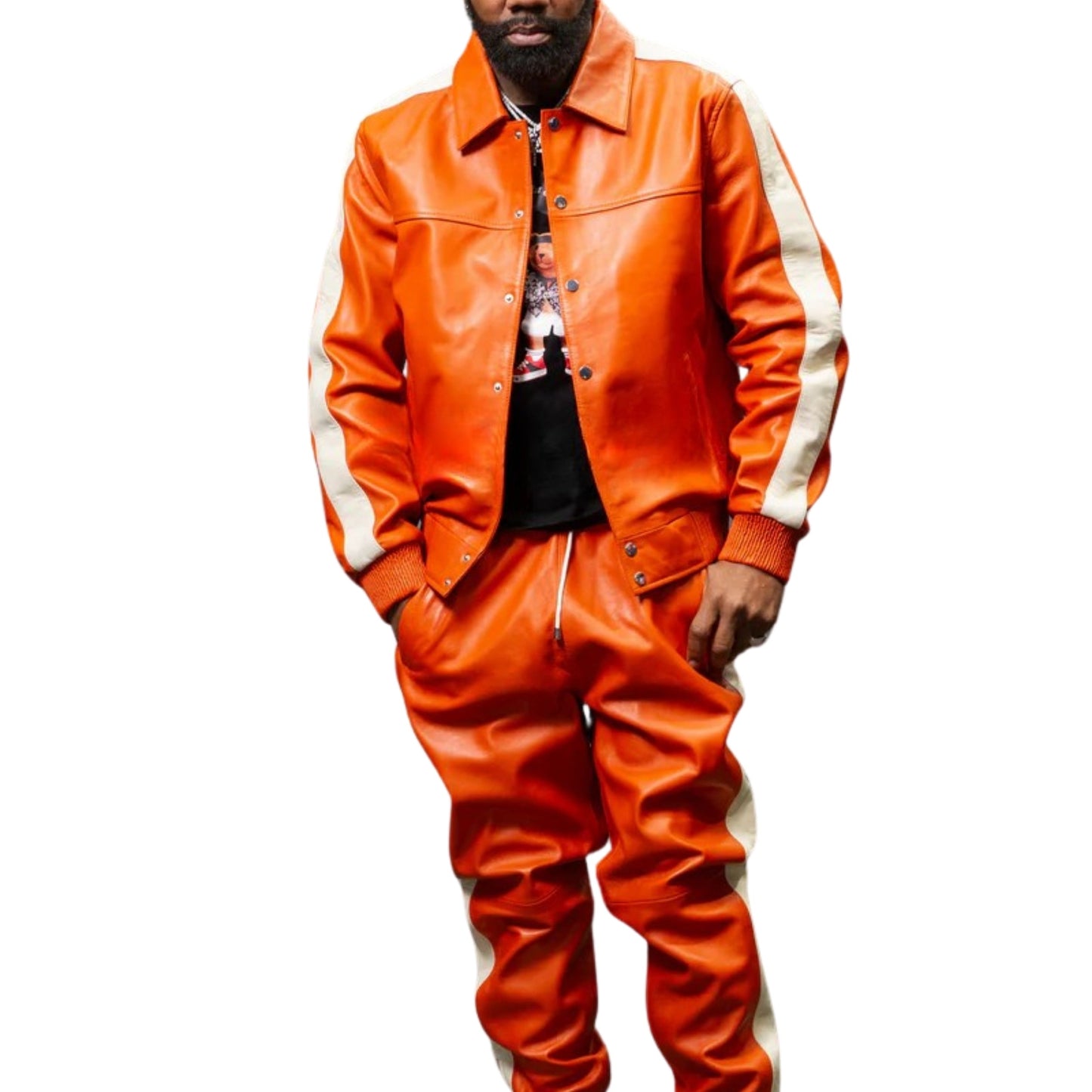 Orange Leather Tracksuit – Bold, Sleek & Statement-Making