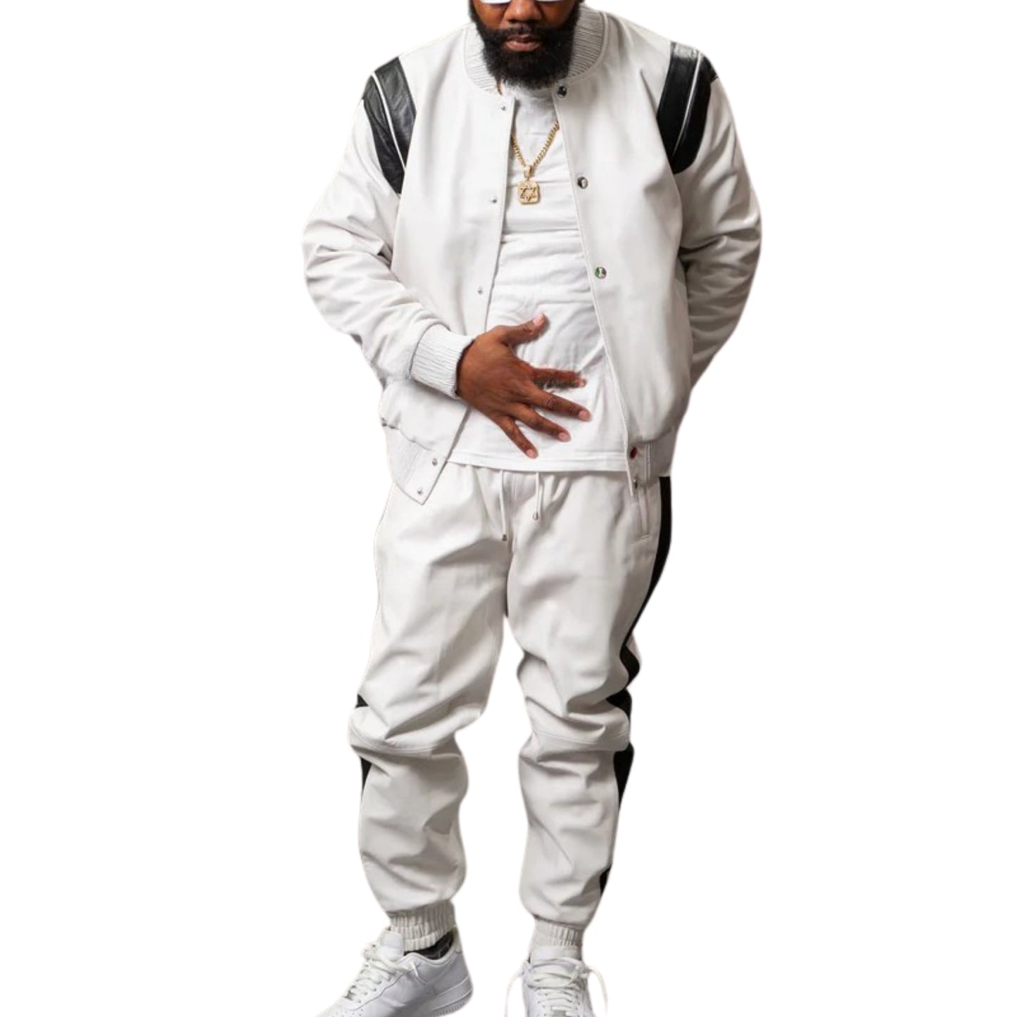 White Leather Tracksuit with Black Stripes – Sleek, Sporty & High-Fashion