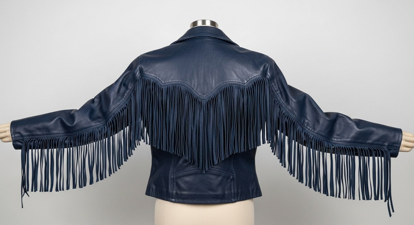Women’s Navy Fringe Moto Leather Jacket – Genuine Leather Biker Style