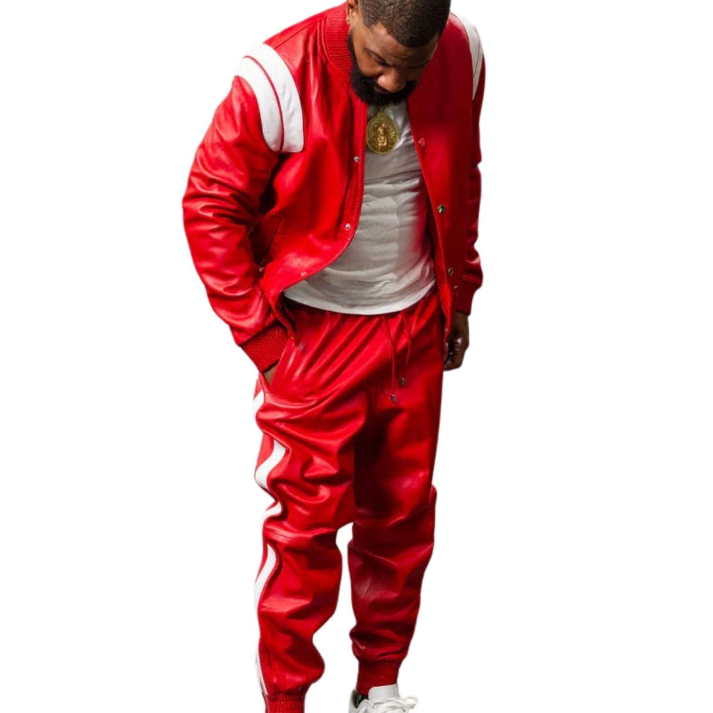 Red Leather Tracksuit with White Accents – Bold, Sleek & Sporty