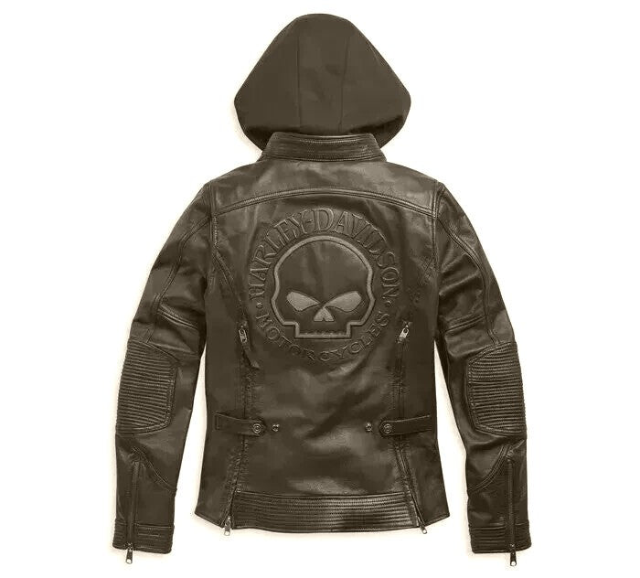 Harley Davidson Women’s 3-in-1 Leather Jacket with Removable Hoodie – Ladies Motorcycle Riding Gear