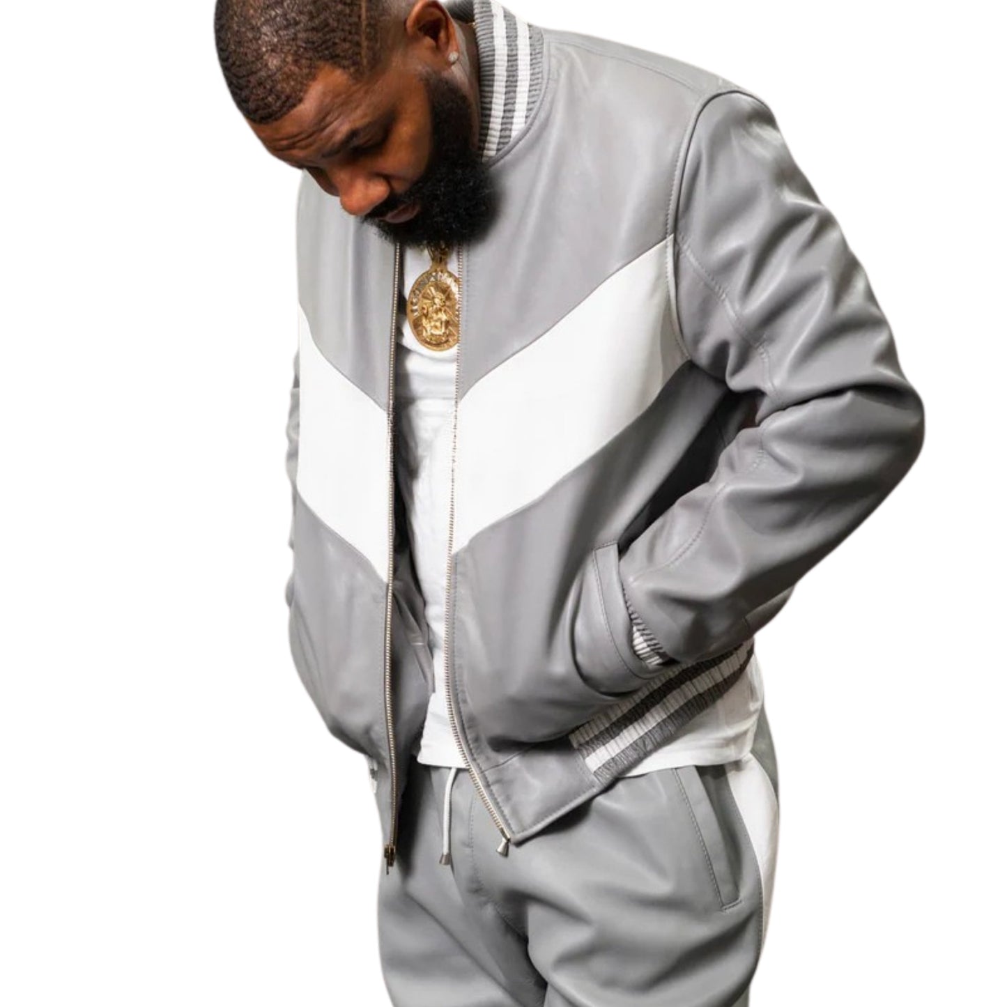 Gray Leather Tracksuit with White Accents – Sleek, Modern & Sporty