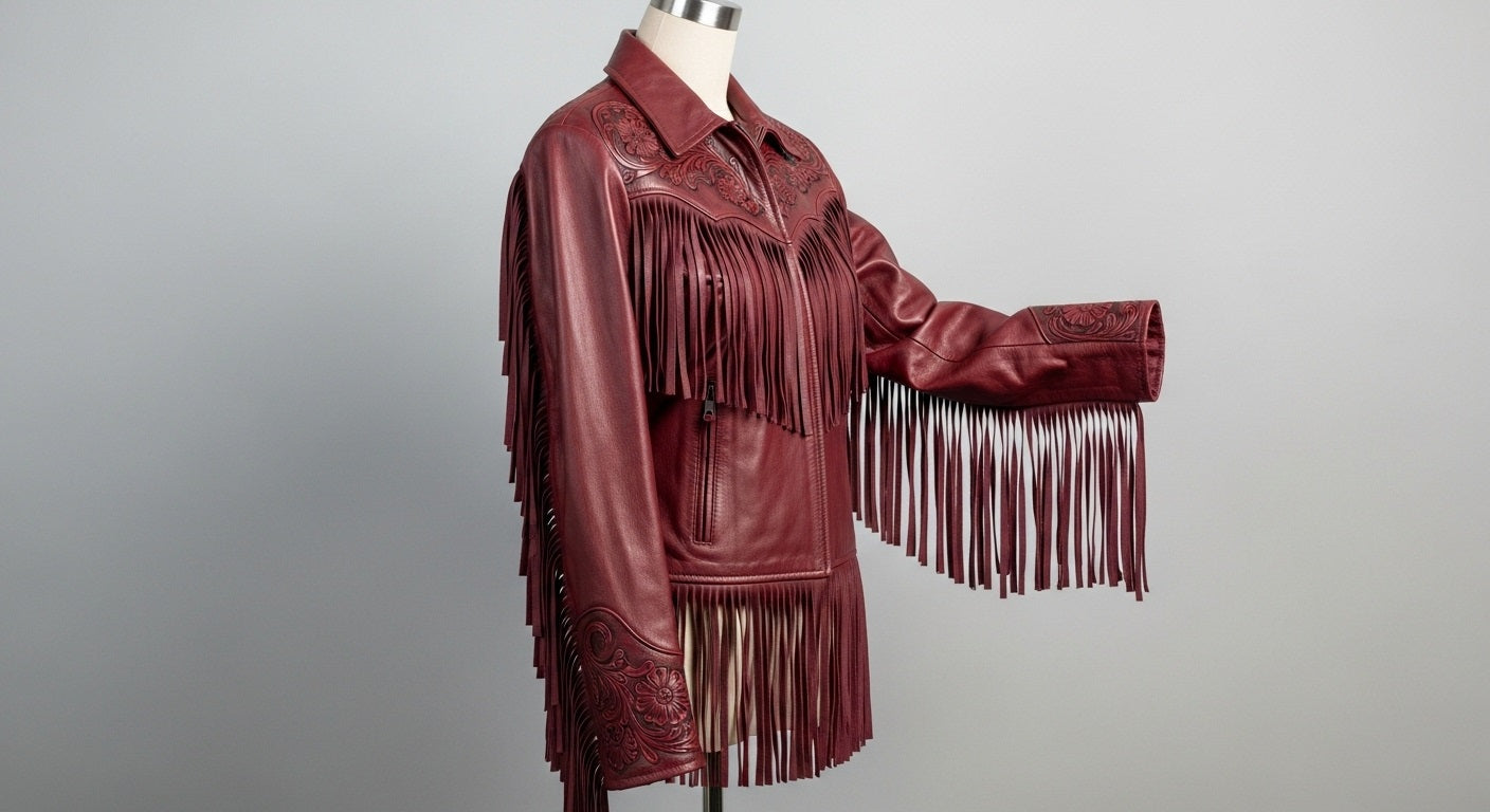 Women’s Maroon Fringe Moto Leather Jacket – Genuine Leather Biker Style
