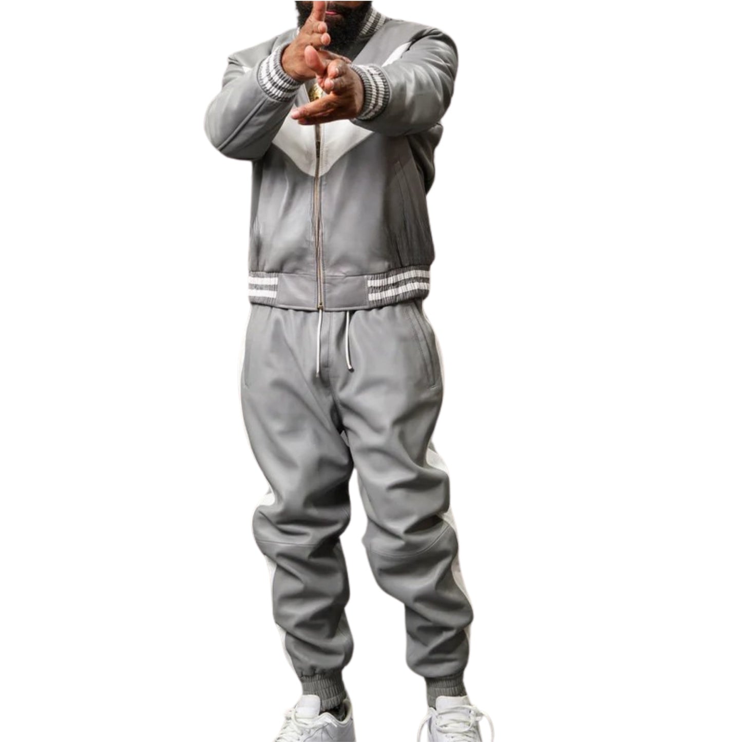 Gray Leather Tracksuit with White Accents – Sleek, Modern & Sporty