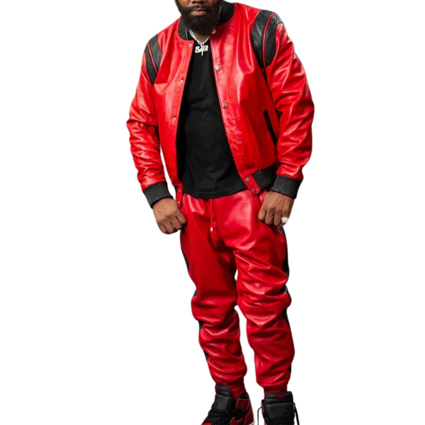Red Leather Tracksuit with Black Accents – Bold, Sleek & Sporty