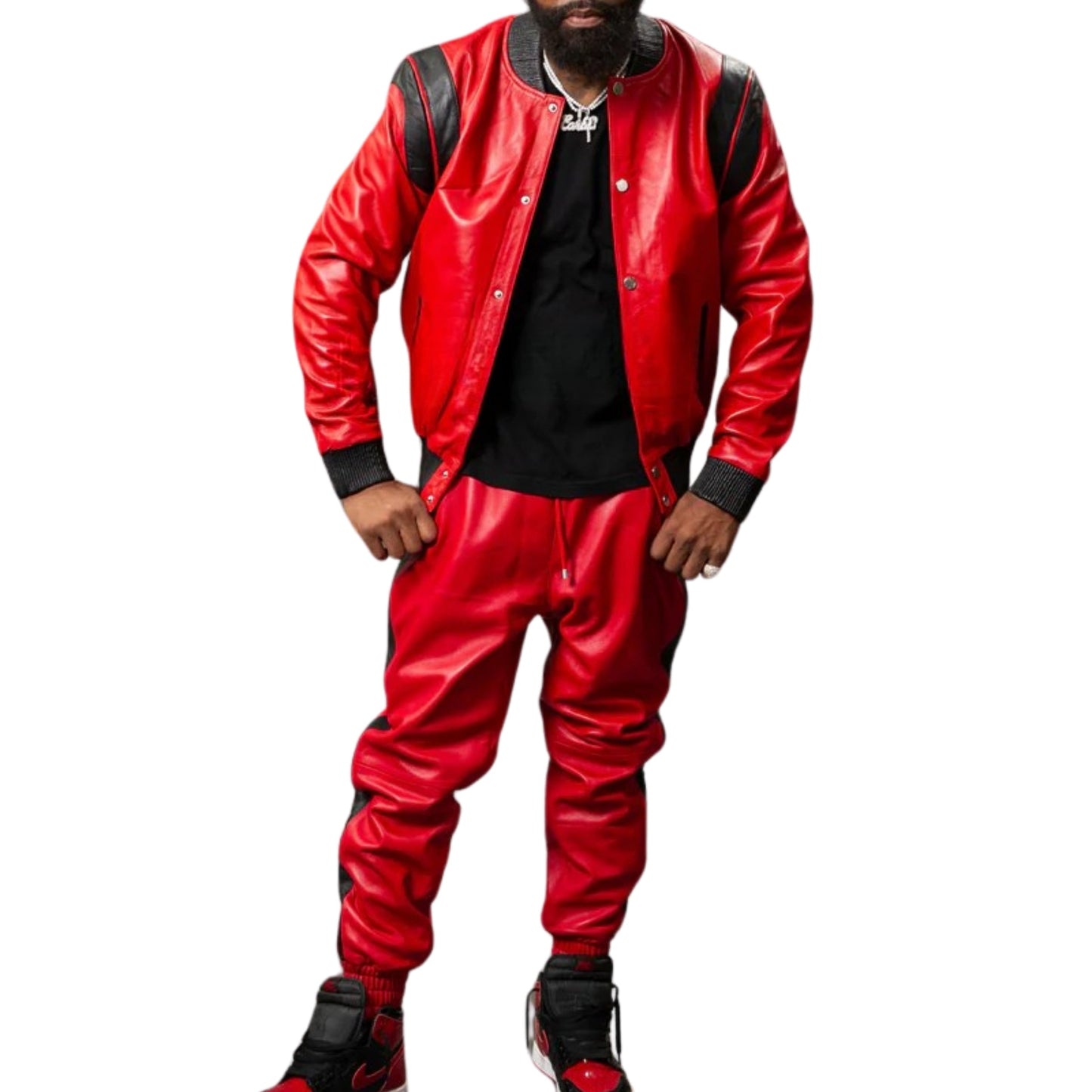 Red Leather Tracksuit with Black Accents – Bold, Sleek & Sporty