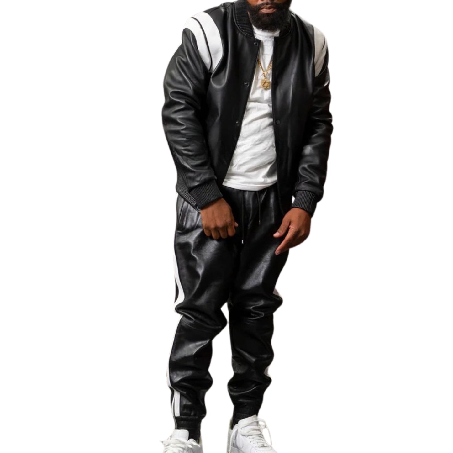 Black Leather Tracksuit with White Accents – Sleek, Sporty & Timeless