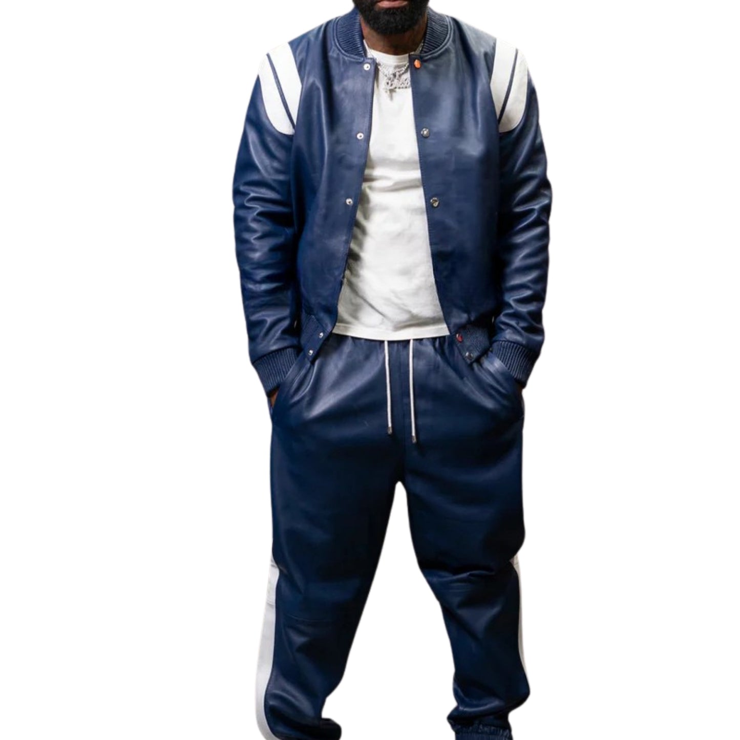 Navy Leather Tracksuit with White Accents – Sleek, Sporty & Timeless