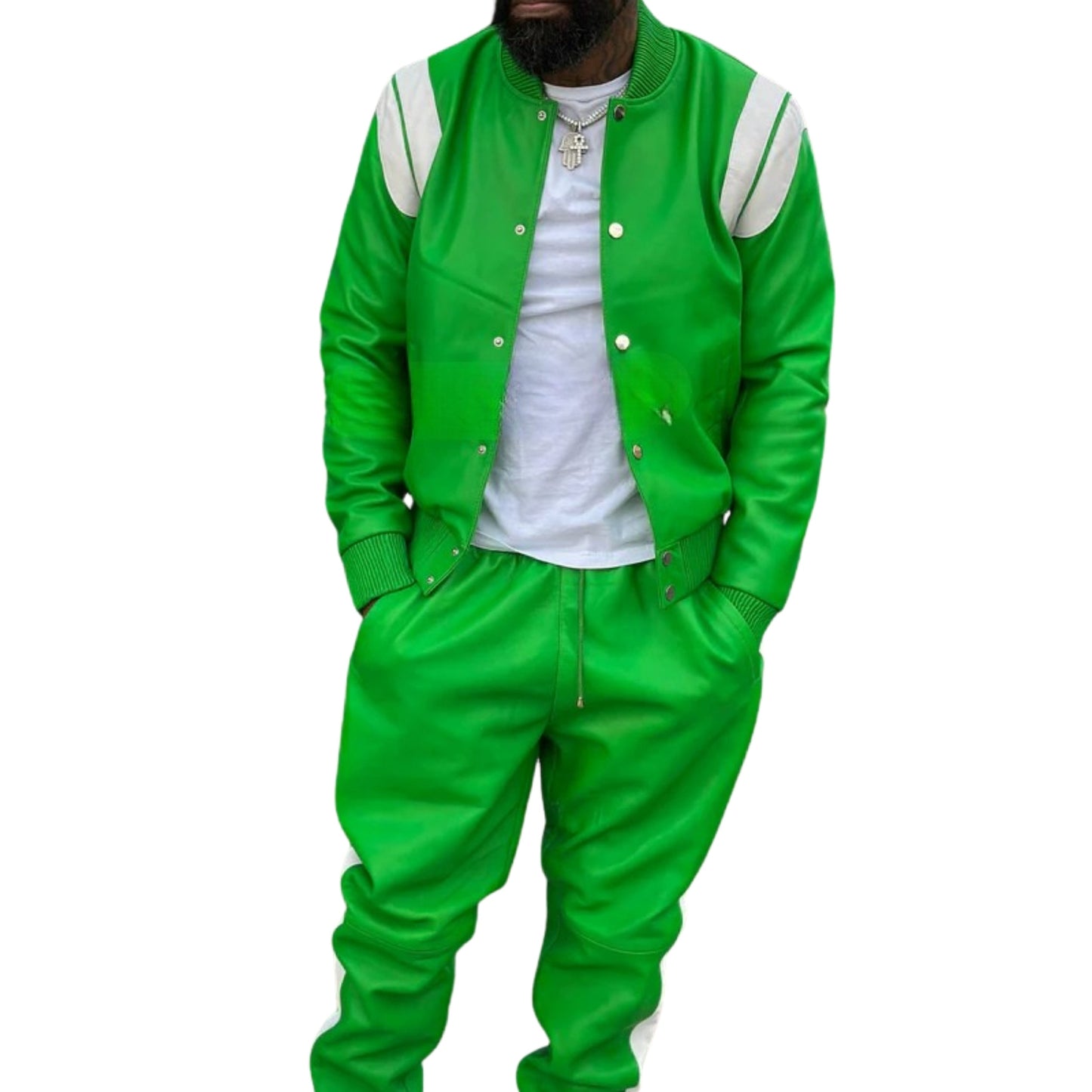 Green Leather Tracksuit with White Accents – Fresh, Bold & Sporty