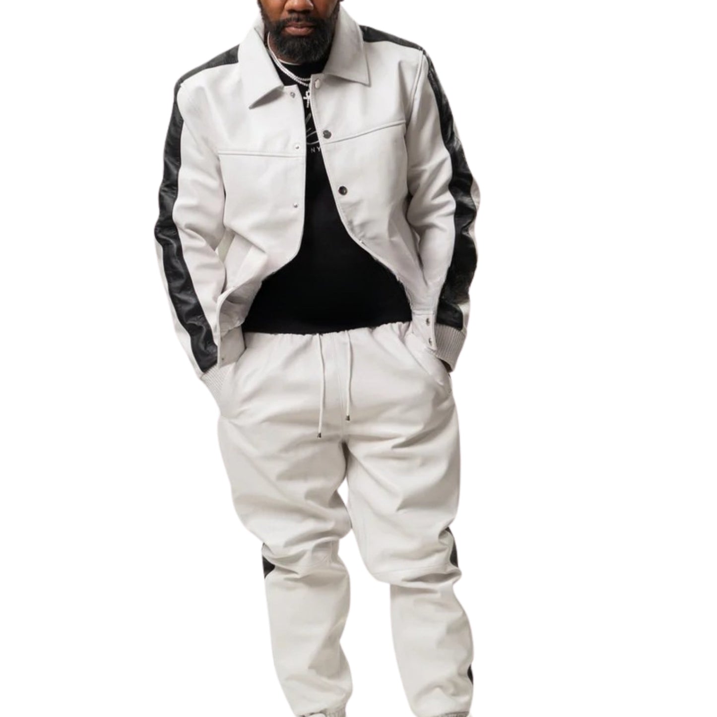Off-White Leather Tracksuit with Black Accents – Sleek, Bold & Modern