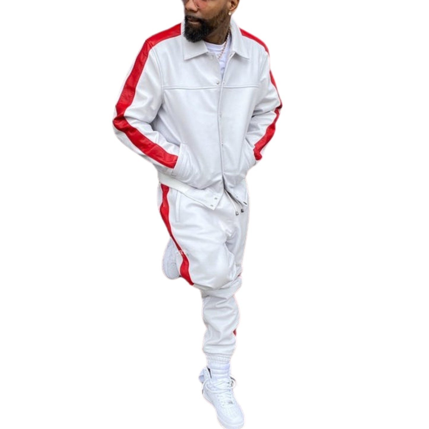 White & Red Leather Tracksuit – Sleek, Bold & Sporty