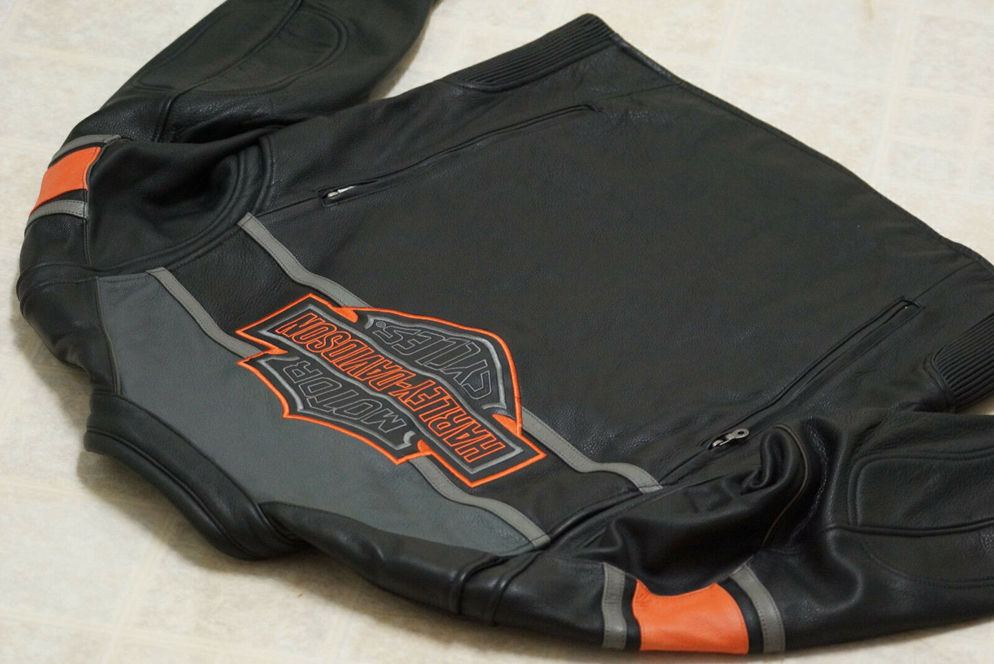 Harley Davidson Men’s Rumble Colorblocked Leather Jacket – Black & Orange Motorcycle Riding Ge