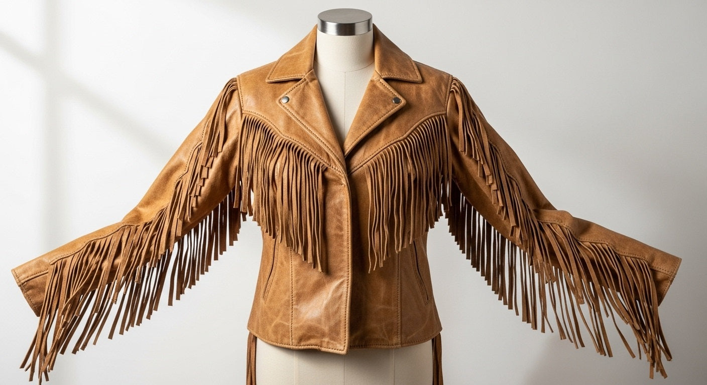 Women’s Tan Fringe Leather Jacket – Genuine Leather Western Moto Style