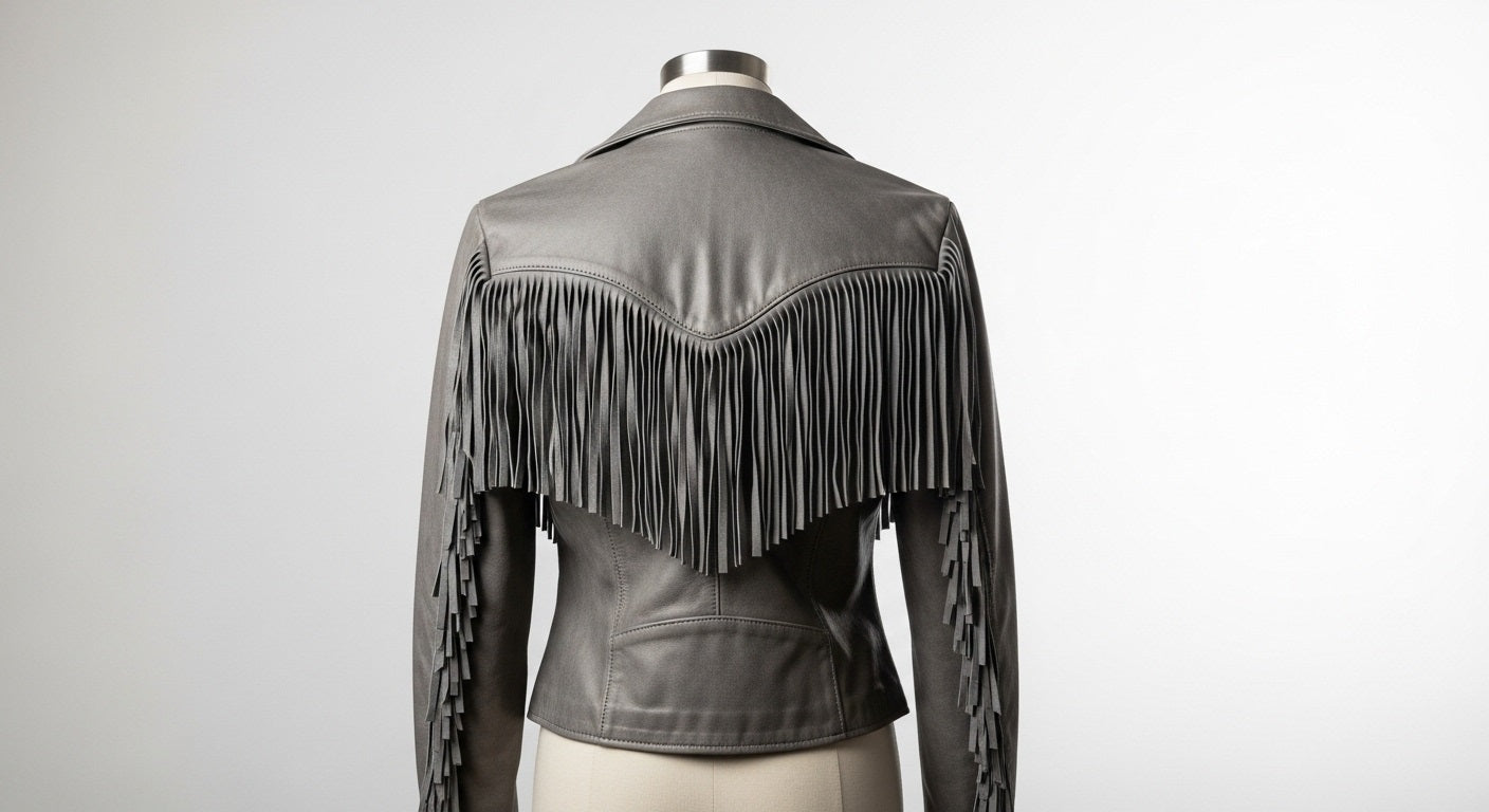 Women’s Gray Fringe Moto Leather Jacket – Genuine Leather Biker Style