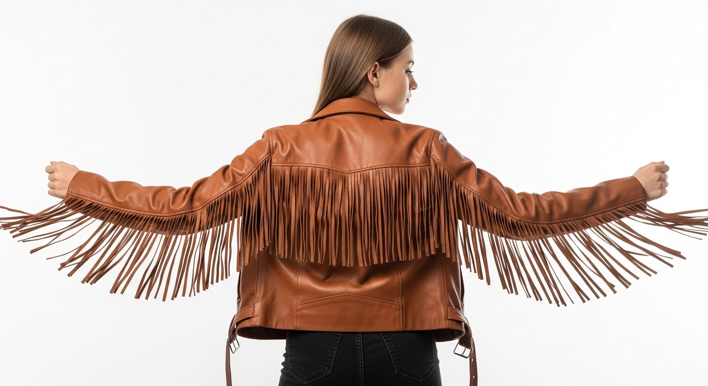 Women’s Brown Fringe Leather Jacket with Zipper – Western Style Genuine Leather