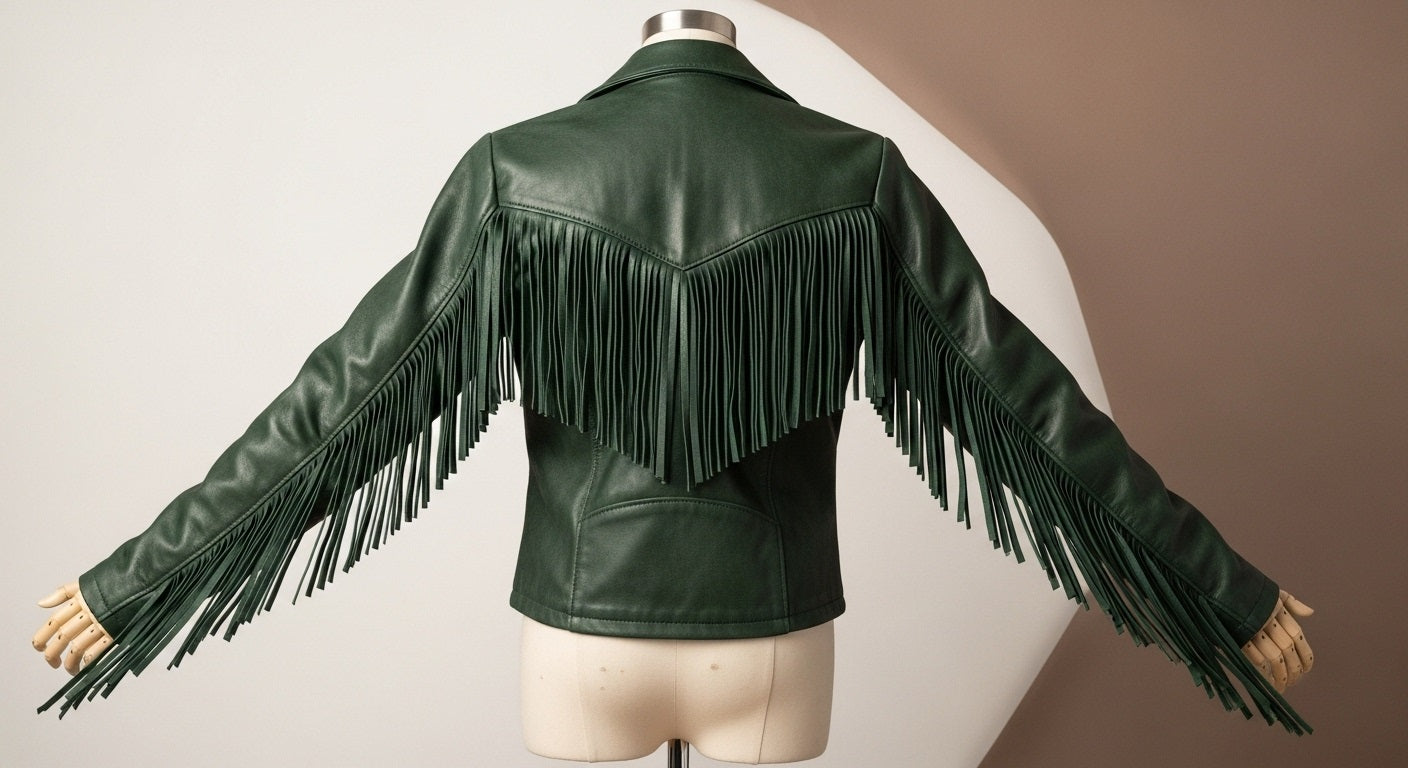 Women’s Green Fringe Moto Leather Jacket – Genuine Leather Biker Style