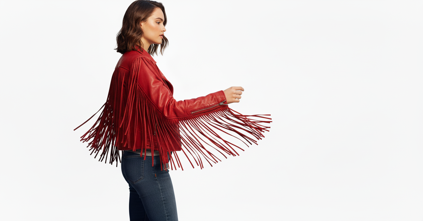 Women’s Red Fringe Leather Biker Jacket – Genuine Leather Moto Style