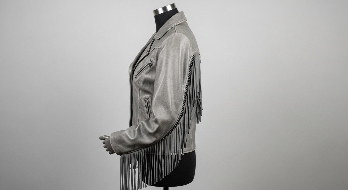 Women’s Gray Fringe Moto Leather Jacket – Genuine Leather Biker Style