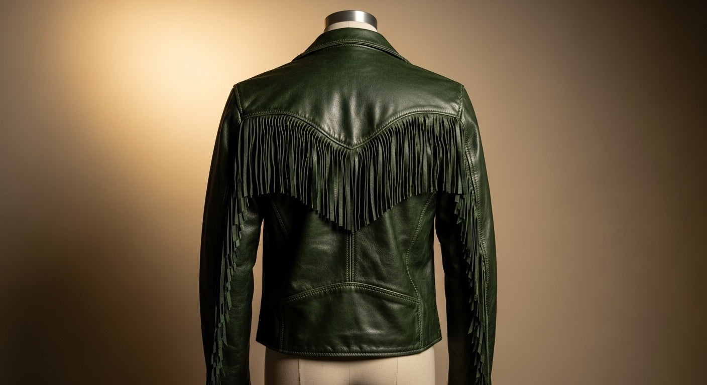 Women’s Green Fringe Moto Leather Jacket – Genuine Leather Biker Style
