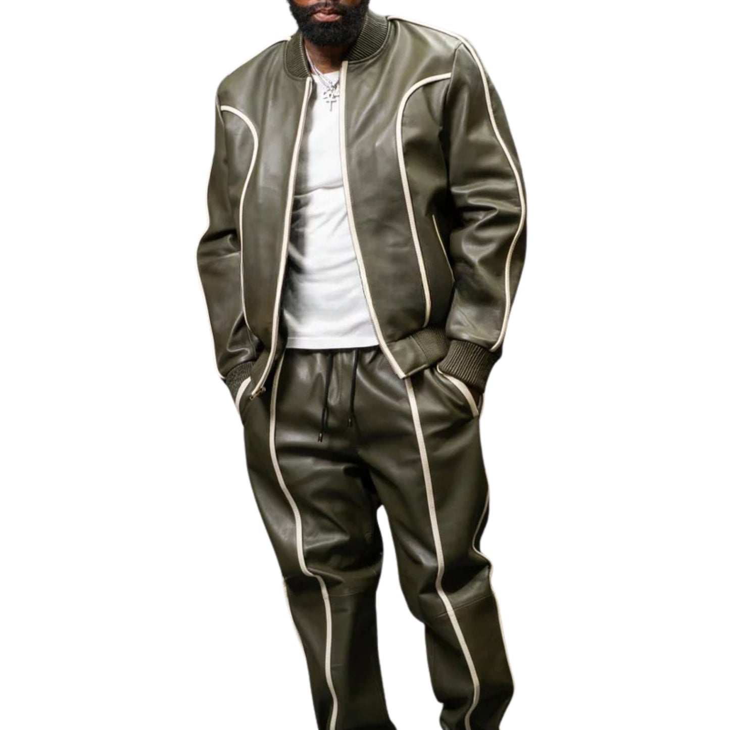 Olive Green Leather Tracksuit – Sleek, Stylish & Timeless