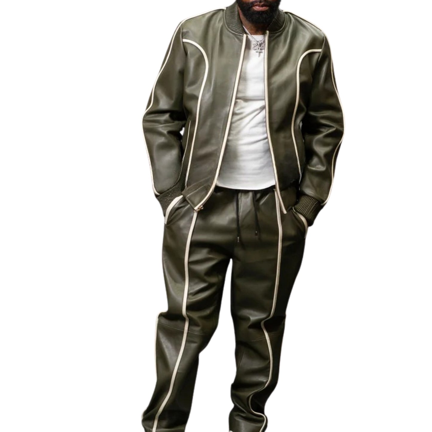 Olive Green Leather Tracksuit – Sleek, Stylish & Timeless