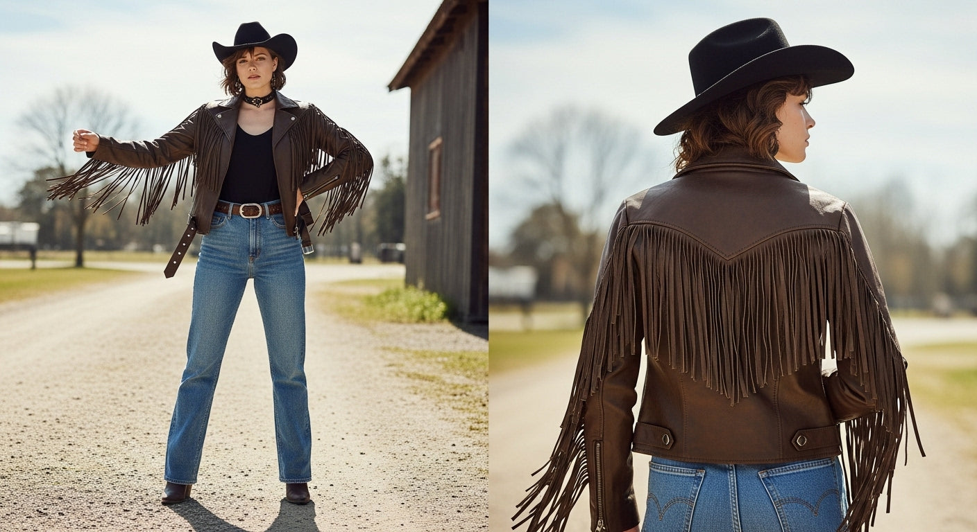 Women’s Brown Fringe Leather Biker Jacket – Genuine Leather Moto Style