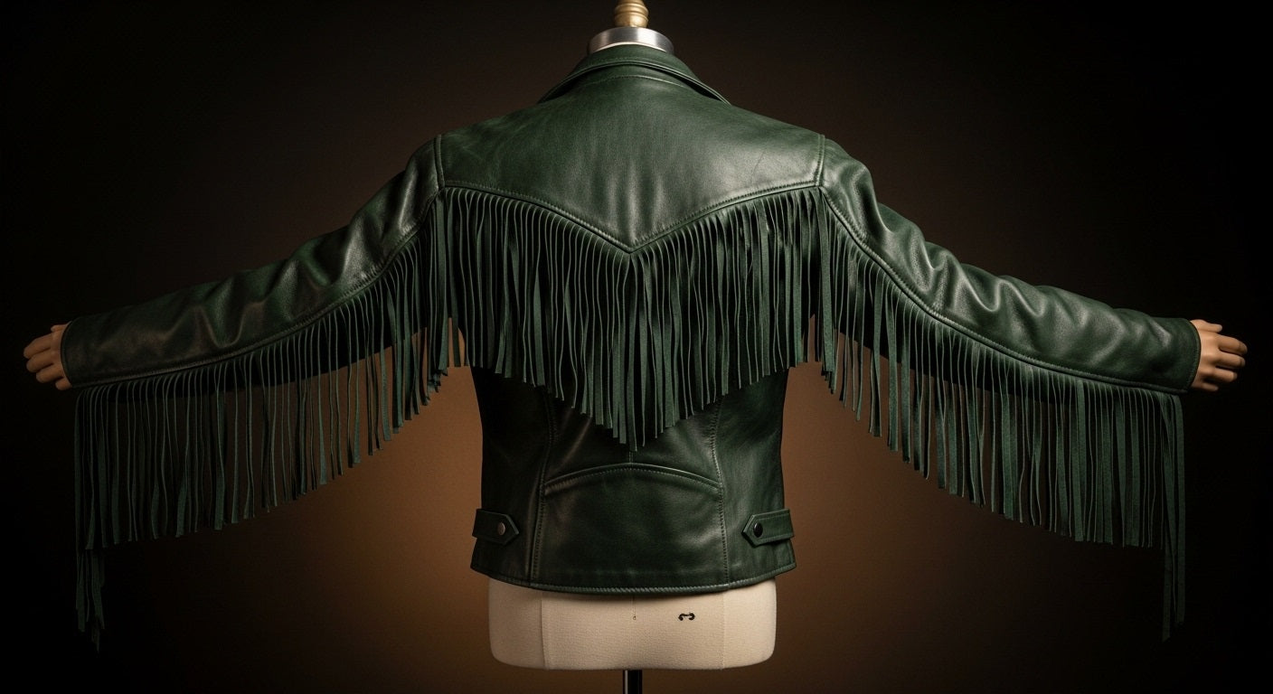 Women’s Green Fringe Moto Leather Jacket – Genuine Leather Biker Style