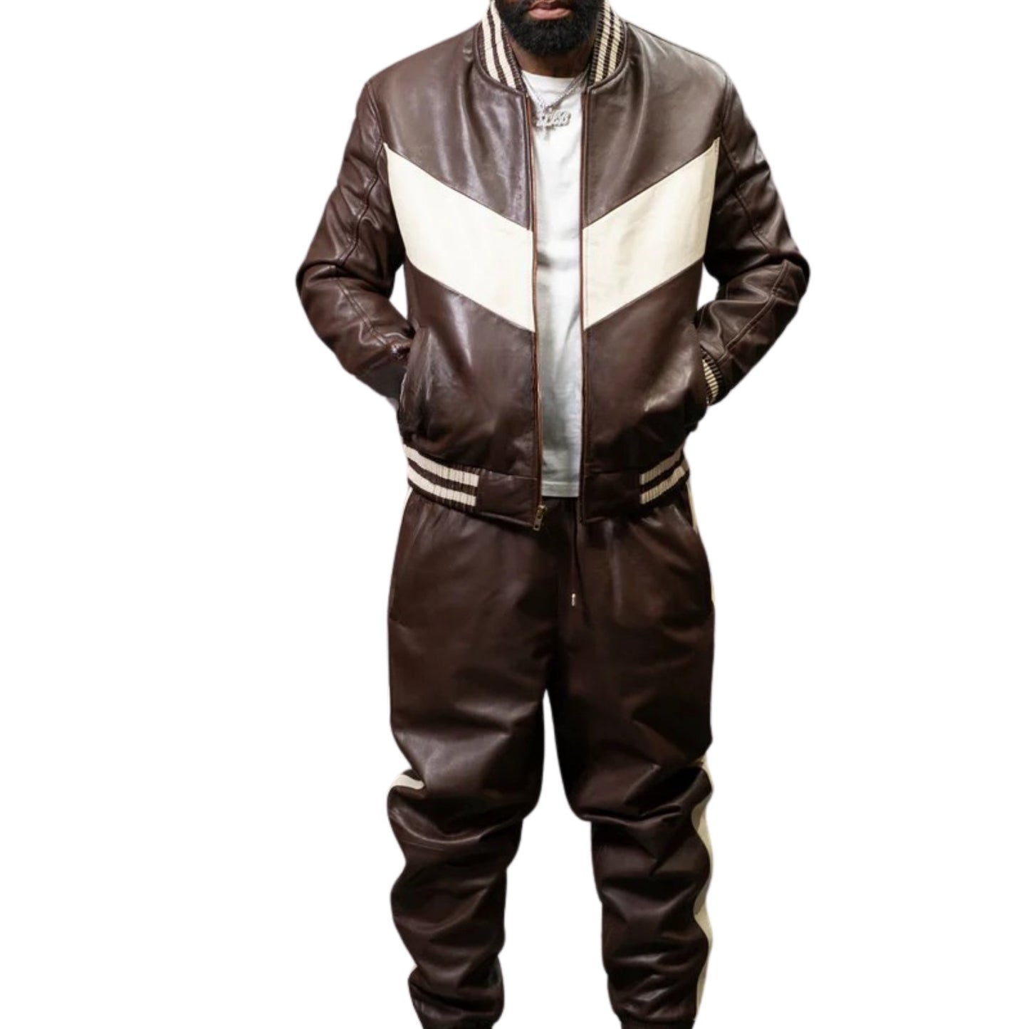 Brown & White Leather Tracksuit – Sleek, Stylish & Sporty