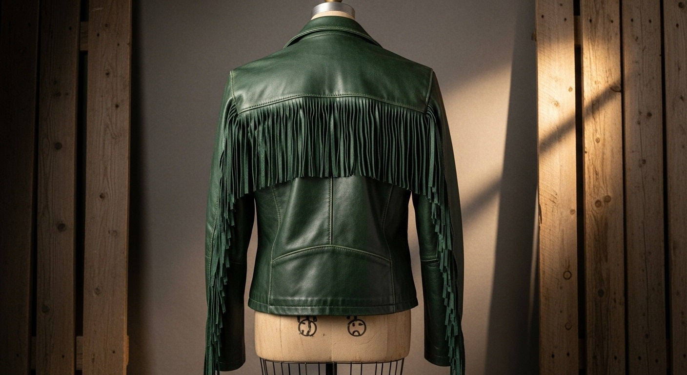 Women’s Green Fringe Moto Leather Jacket – Genuine Leather Biker Style
