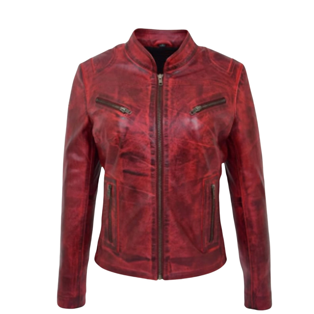 Women's Red Vintage Biker Leather Jacket
