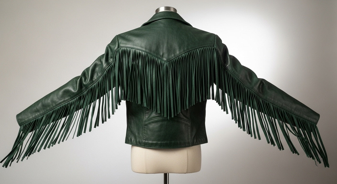 Women’s Green Fringe Moto Leather Jacket – Genuine Leather Biker Style