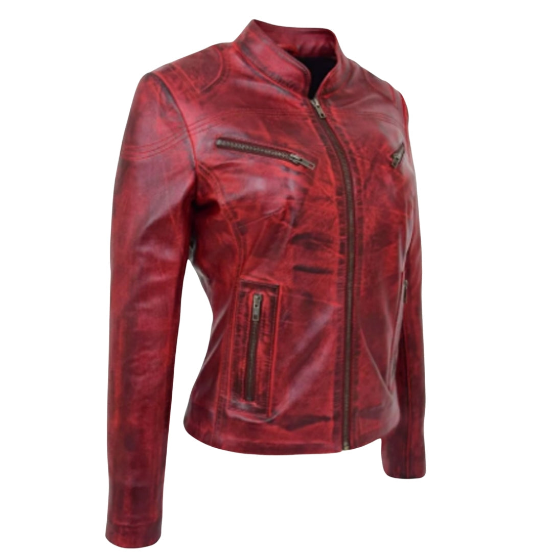 Women's Red Vintage Biker Leather Jacket