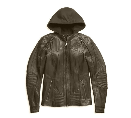 Harley Davidson Women’s 3-in-1 Leather Jacket with Removable Hoodie – Ladies Motorcycle Riding Gear