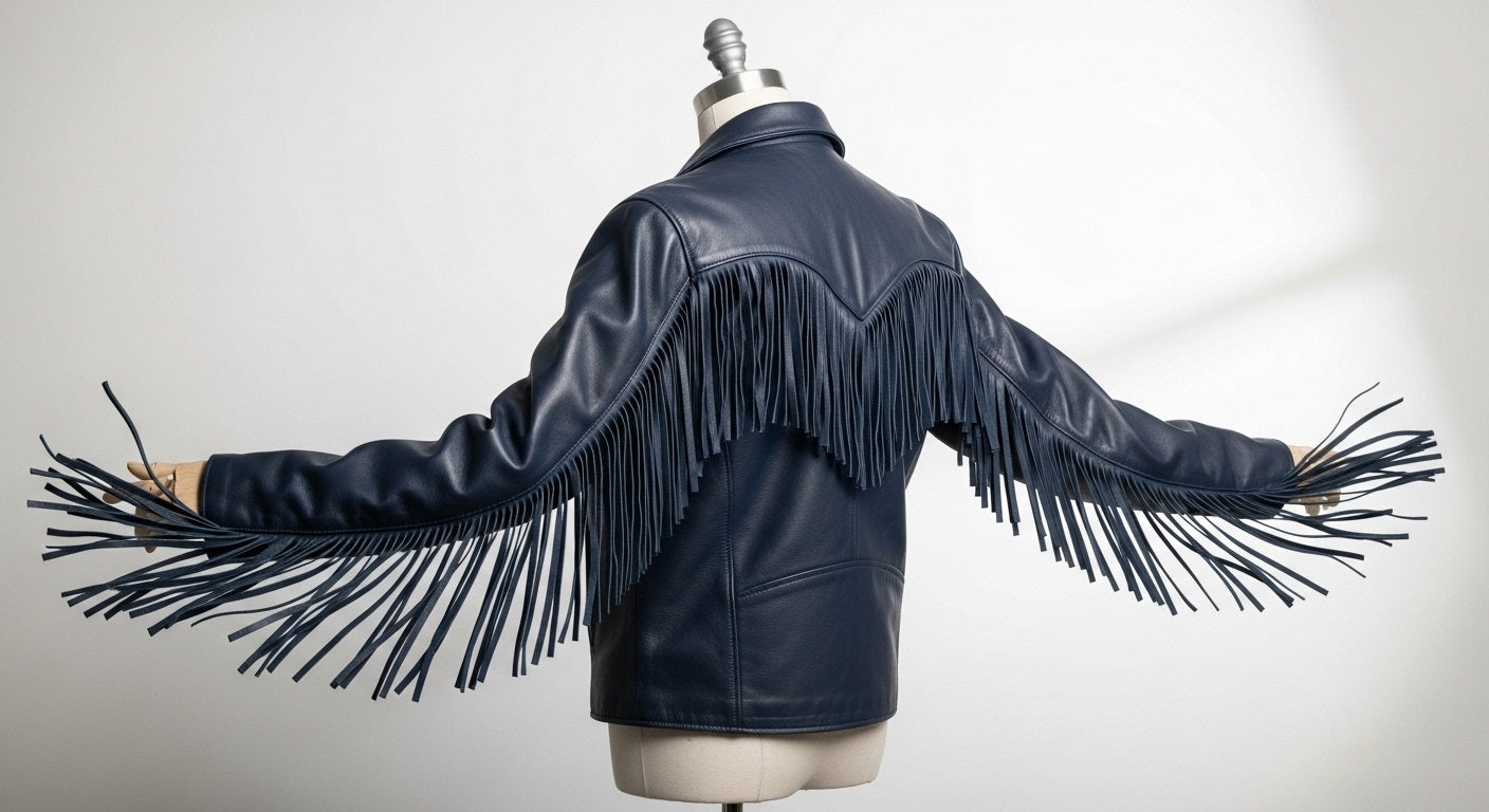 Women’s Navy Fringe Moto Leather Jacket – Genuine Leather Biker Style