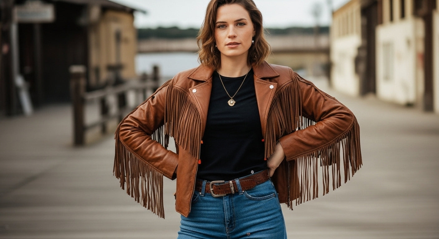 Women’s Brown Fringe Leather Biker Jacket – Genuine Leather Moto Style