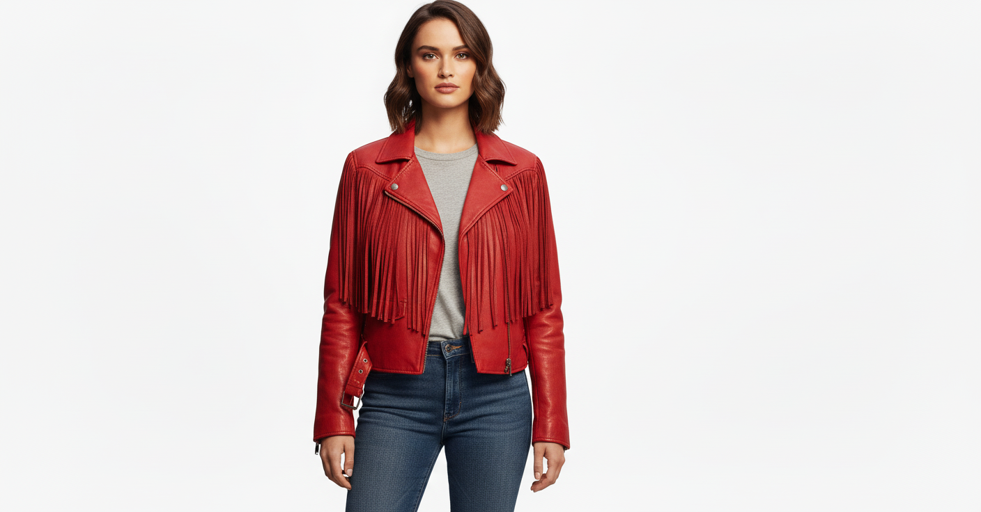 Women’s Red Fringe Leather Biker Jacket – Genuine Leather Moto Style