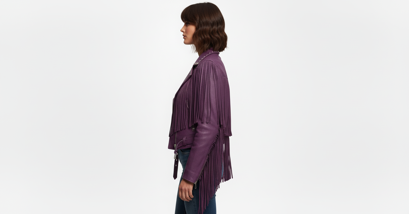 Women’s Purple Fringe Leather Biker Jacket – Genuine Moto Style