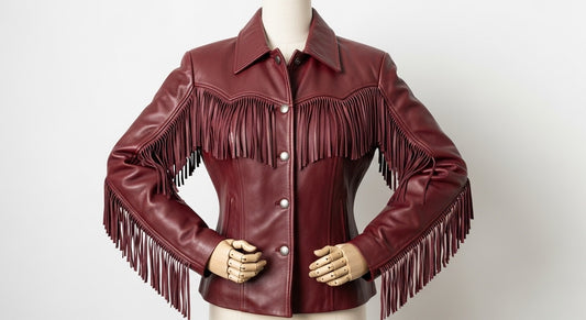 Women’s Maroon Fringe Moto Leather Jacket – Genuine Leather Biker Style