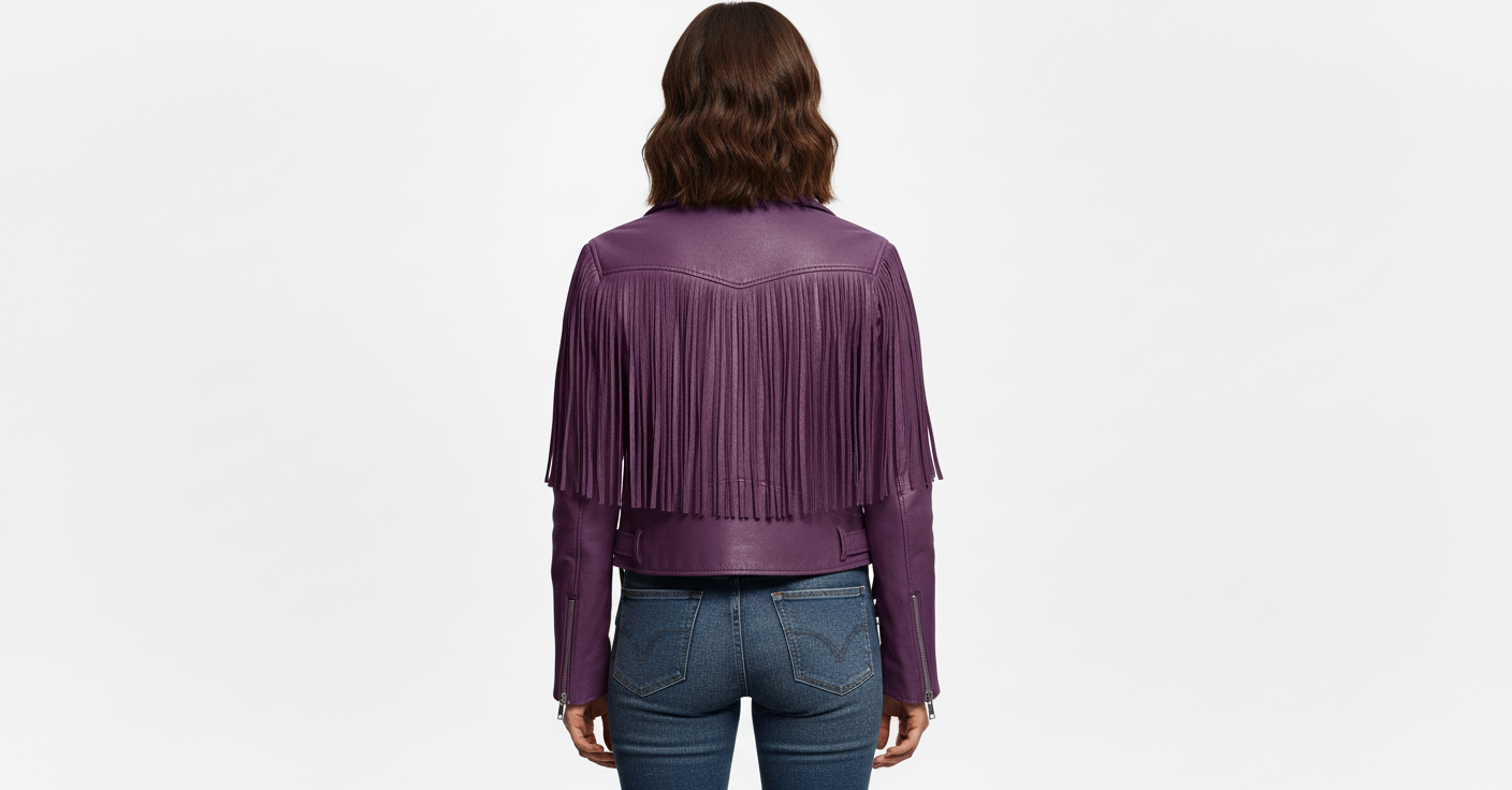 Women’s Purple Fringe Leather Biker Jacket – Genuine Moto Style