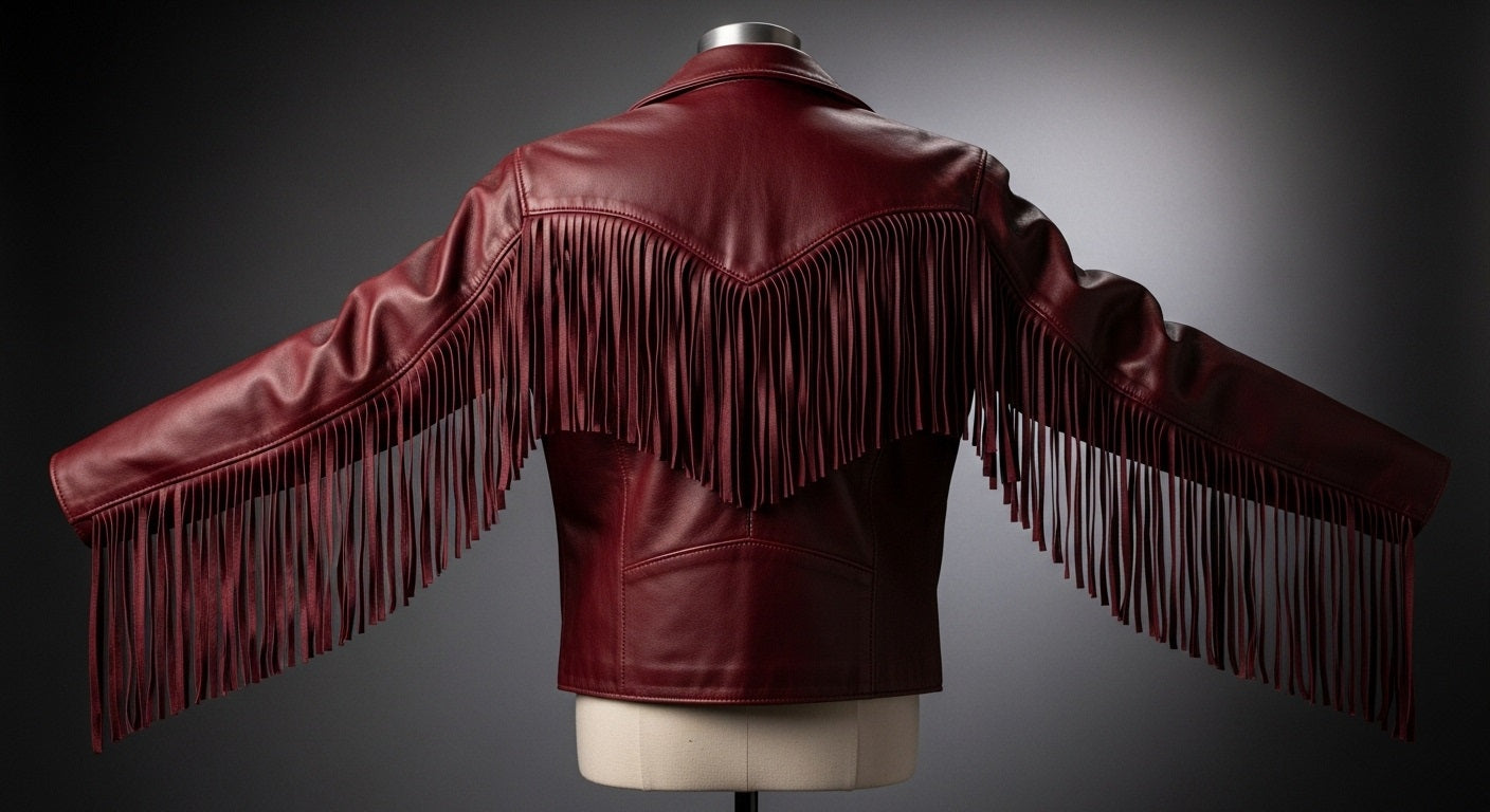 Women’s Maroon Fringe Moto Leather Jacket – Genuine Leather Biker Style