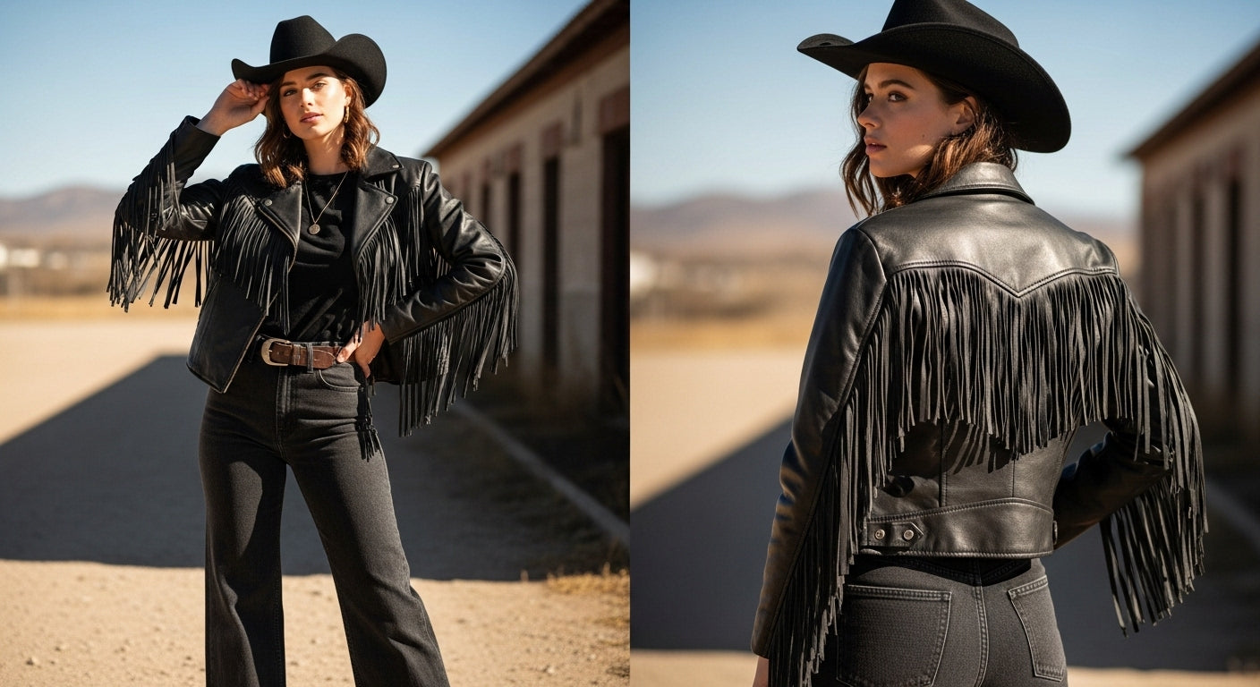Women’s Black Fringe Moto Leather Jacket – Genuine Biker Style