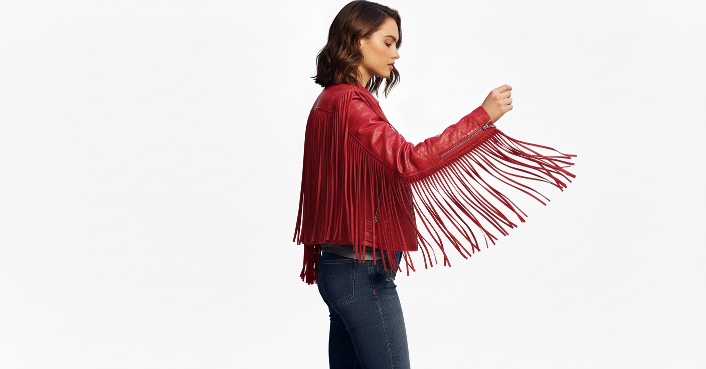 Women’s Red Fringe Leather Biker Jacket – Genuine Leather Moto Style