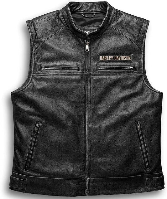 Harley Davidson Men’s Black Leather Vest – Classic Biker Riding Gear