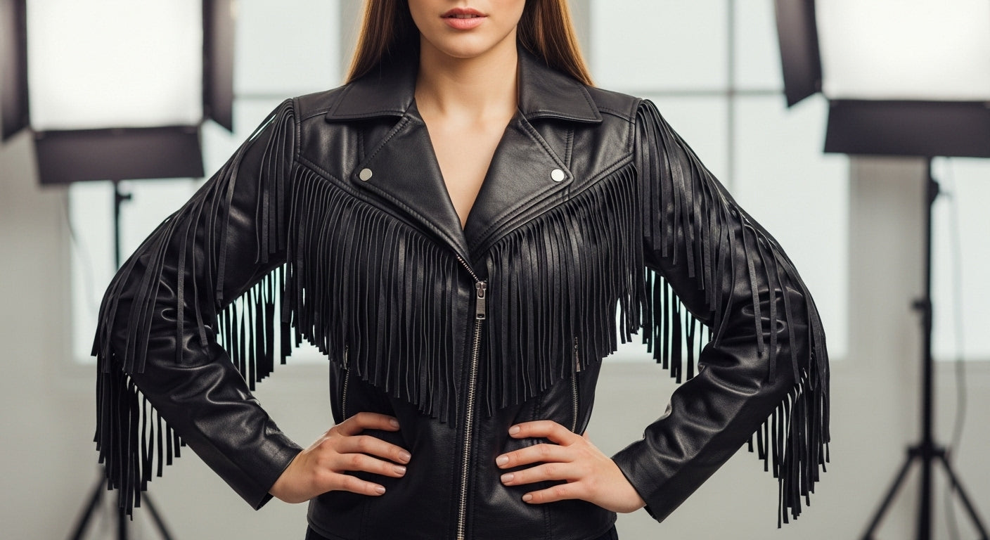 Women’s Black Fringe Moto Leather Jacket – Genuine Biker Style